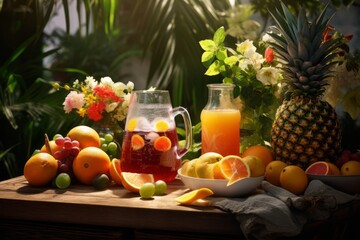 A summer BBQ scene with a pitcher of rum punch surrounded by fresh fruits, evoking a sense of casual outdoor indulgence