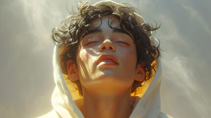 actor vijay , white hoodie. The character should be standing with a gentle, introspective expression on their face, eyes closed, exuding a sense of calmness and serenity. Their hair should be stylized