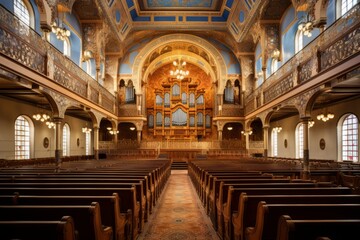 Obraz premium Empty church with pews and chandeliers indoor