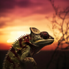 chameleon behind sunset