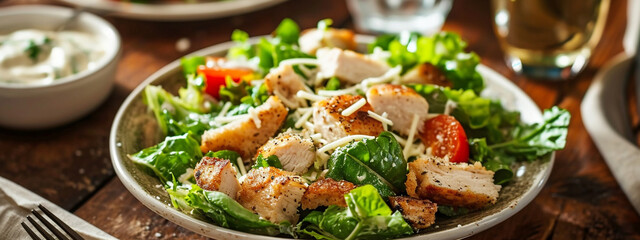 Caesar salad with chicken. Caesar salad with grilled chicken and croutons on a wooden background - obrazy, fototapety, plakaty
