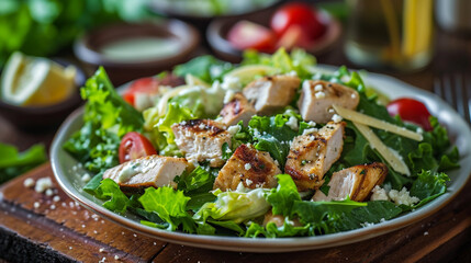 Caesar salad with chicken. Caesar salad with grilled chicken and croutons on a wooden background