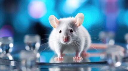 A white rat sitting on top of a glass table. Laboratory animal, testing model for research.