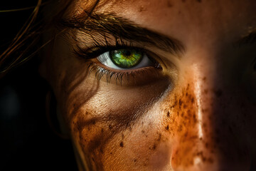 Close up of woman's green eye with brown hair and freckles. Beauty of human form, hyper-realistic details.