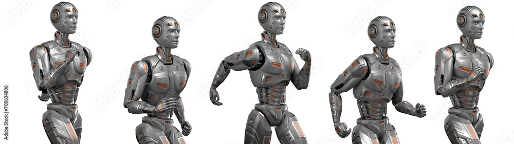 Fototapete futuristic robot man run cycle or humanoid cyborg running. 3d rendering of the upper body. set or co