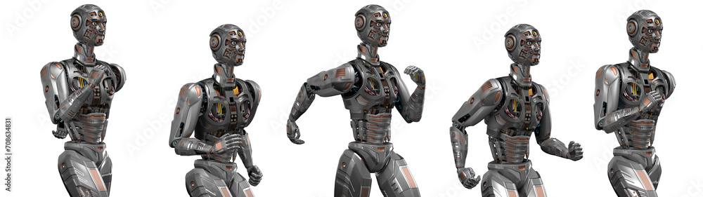 Fototapete futuristic robot man run cycle or humanoid cyborg running. 3d rendering of the upper body. set or co