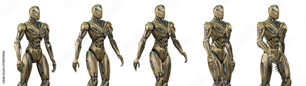 Fototapete futuristic robot man walk cycle or humanoid cyborg walking. 3d rendering of the upper body. set or c
