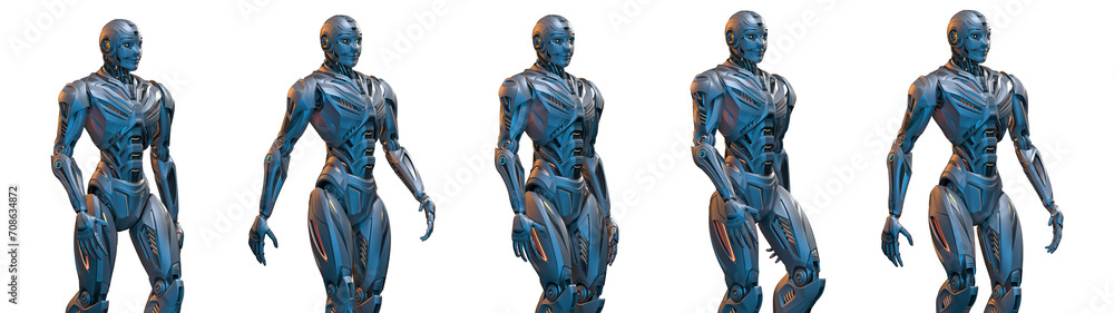 Poster futuristic robot man walk cycle or humanoid cyborg walking. 3d rendering of the upper body. set or c