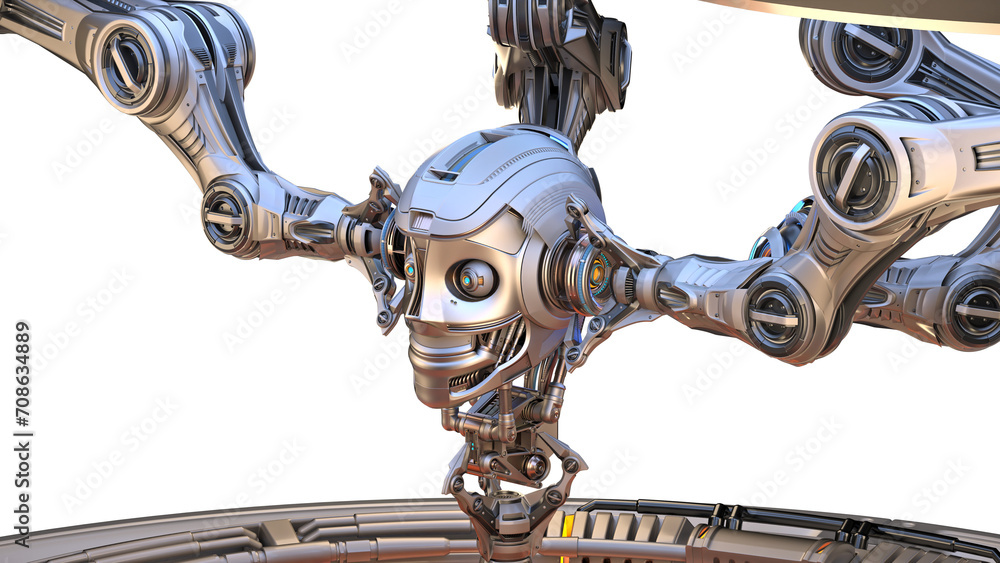 Poster futuristic robot head or humanoid face under construction by mechanical assembly arms or robotic aut