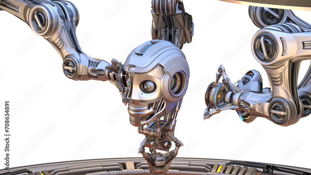 Poster futuristic robot head or humanoid face under construction by mechanical assembly arms or robotic aut