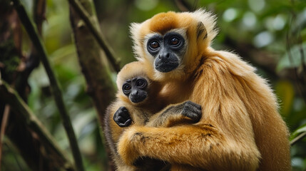 Fototapeta premium Yellow-cheeked Gibbon, Nomascus gabriellae, with grass food, orange monkey on the tree.