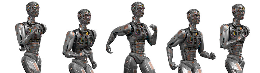Futuristic robot man run cycle or humanoid cyborg running. 3d rendering of the upper body. Set or collage of five different poses. Isolated on transparent background