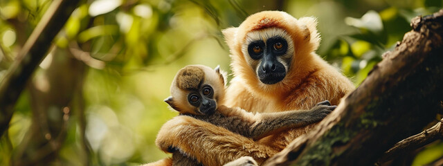 Yellow-cheeked Gibbon, Nomascus gabriellae, with grass food, orange monkey on the tree.