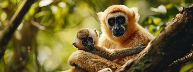 Fotobehang Yellow-cheeked Gibbon, Nomascus gabriellae, with grass food, orange monkey on the tree. © Артур Комис