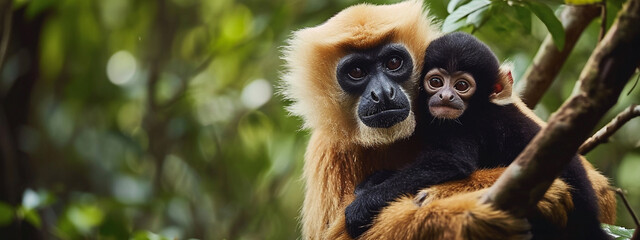 Obraz premium Yellow-cheeked Gibbon, Nomascus gabriellae, with grass food, orange monkey on the tree.
