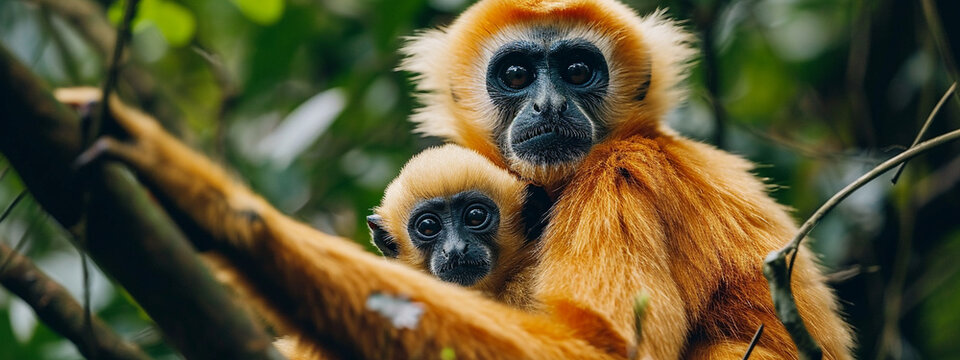 Yellow-cheeked Gibbon, Nomascus gabriellae, with grass food, orange monkey on the tree.