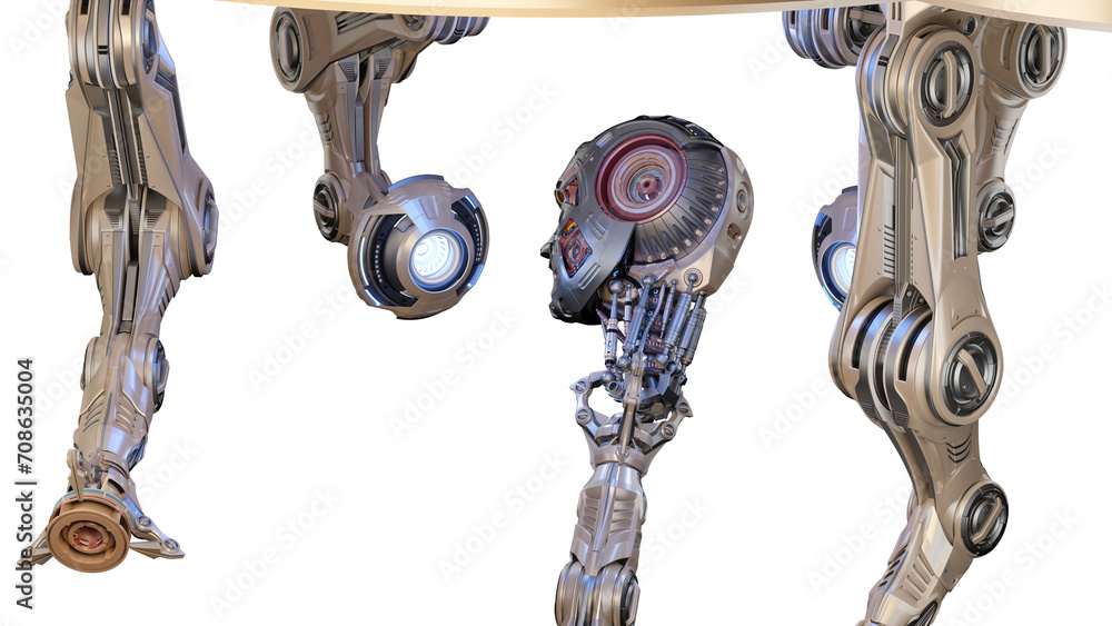 Poster futuristic robot head or humanoid face under construction by mechanical assembly arms or robotic aut