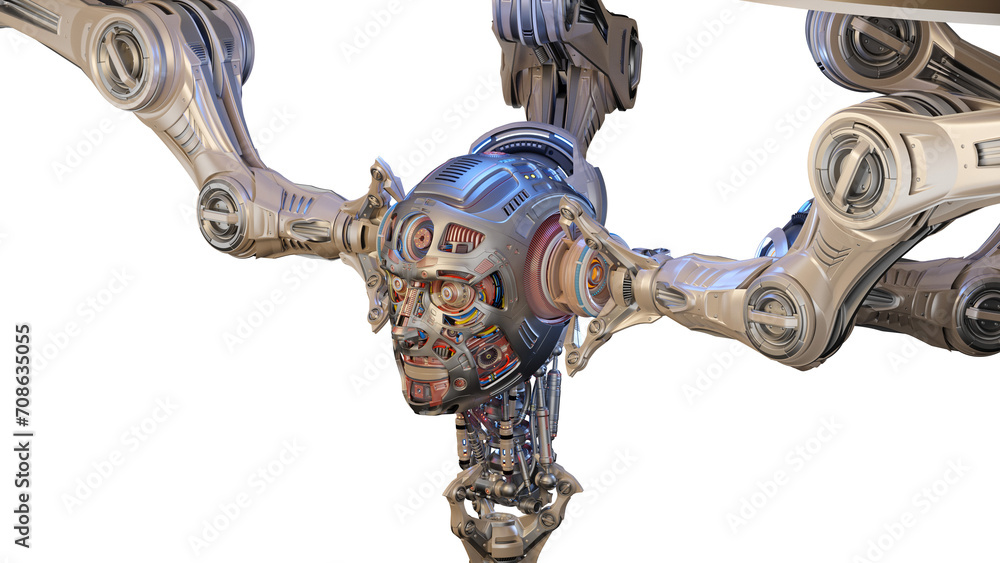 Poster futuristic robot head or humanoid face under construction by mechanical assembly arms or robotic aut