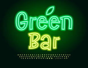 Vector eco template Green Bar. Funny Neon Font. Glowing Alphabet Letters and Numbers set.