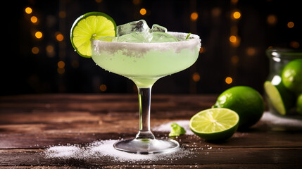Classic lime margaritas on wooden table with blurred lights in background
