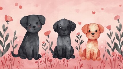 Cute group of dogs watercolor style. Cute colorful puppies. Beautiful banner for decoration design, print, wallpaper, textile, interior design, poster, children books, decorate children rooms