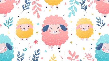 Cute group of sheep watercolor style. Colorful sheep. Beautiful banner for decoration design, print, wallpaper, textile, interior design, poster, children books, decorate children rooms