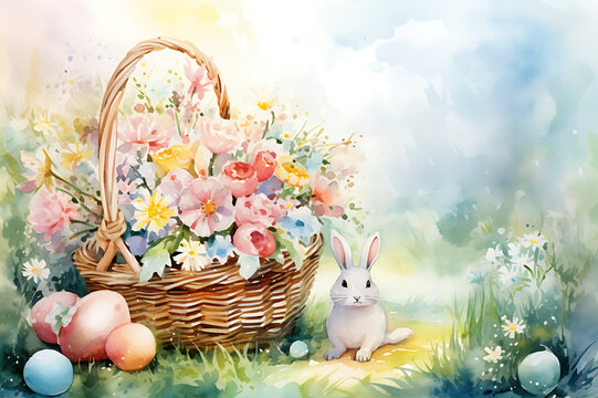 watercolor realistic painting easter eggs and rabbit in basket of pastel flower garden on white background.