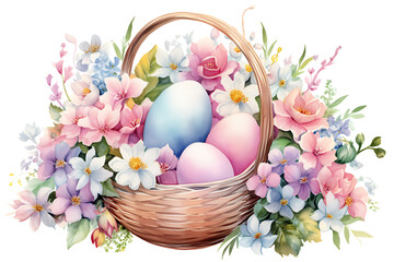 Obraz na płótnie Canvas watercolor realistic painting easter eggs and rabbit in basket of pastel flower garden on white background.