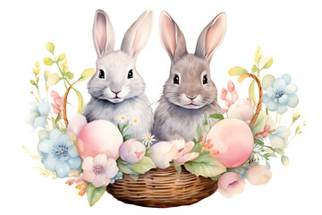 Fototapeta na wymiar watercolor realistic painting easter eggs and rabbit in basket of pastel flower garden on white background.