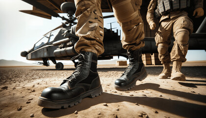 soldiers in boots walking away from helicopter - obrazy, fototapety, plakaty