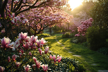 Obraz premium Botanical garden with pink magnolia flowers blooming.