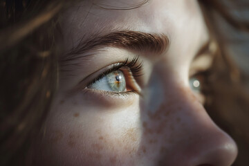 Close up of a woman's green eyes looking somewhere with sun's rays on the face.