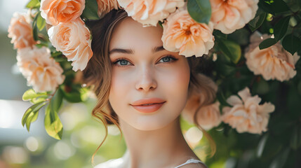 Portrait of young woman with peach flowers. Hello Spring. Copy space. Banner