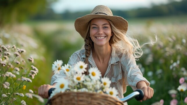 spring image of a woman on a bicycle in the countryside with copy-space