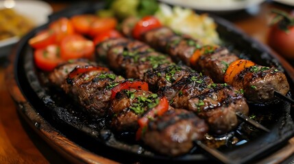 A sizzling plate of grilled kebabs, showcasing the diverse flavors of Saudi Arabian barbecue. 