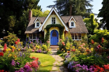 Fototapeta na wymiar Charming cottage surrounded by a colorful and well-tended garden