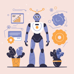 2d vector illustration colorful technology , ai robot making jobs helping people colorful design