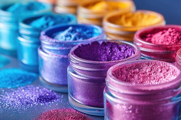 high-resolution, high quality 8k image of Makeup image of row of colorful powder jars containing dipping powder for nail polish