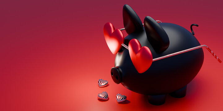 Happy Valentine's Day Banner Greeting Card Pig and Sweets. 3d render.