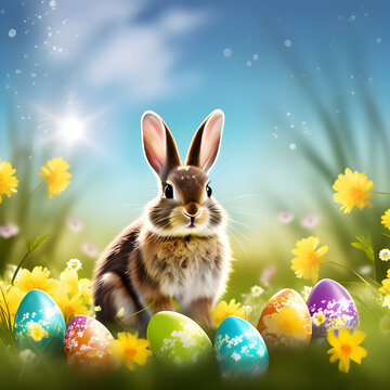Vector illustration of a brown Easter bunny surrounded by painted eggs nestled in vibrant green grass