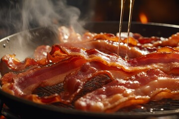 Close up of crispy bacon being flipped in a frying pan - obrazy, fototapety, plakaty