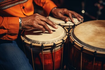 Fototapeta na wymiar Close ups of hands striking drums and percussion instruments for retro rhythms