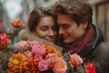 Romantic Embrace with a Bouquet of Warmth