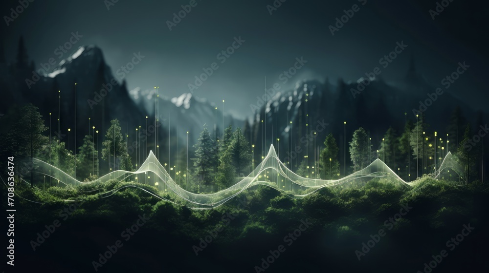 Poster creative audio waveforms transforming into nature inspired elements, showcasing the harmony between 