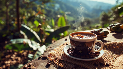 Fototapeta na wymiar Hot coffee cup with organic coffee beans on the wooden table and the plantations background with