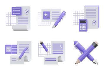 3d businnes school icons of paper sheet pencil pen calculator purple color