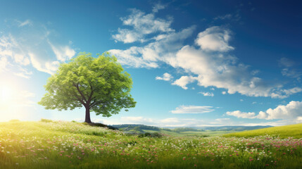 Fototapeta na wymiar Solitary tree in a blooming field under a sunny sky.