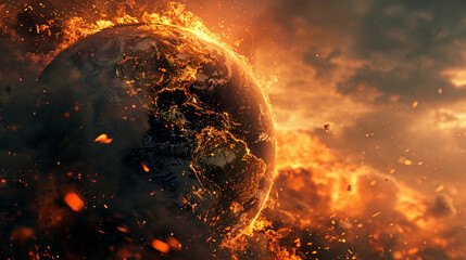 Earth globe collapse burning destroyed by fire. - obrazy, fototapety, plakaty