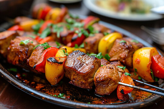 Delicious food, tasty shashlik dish at a restaurant