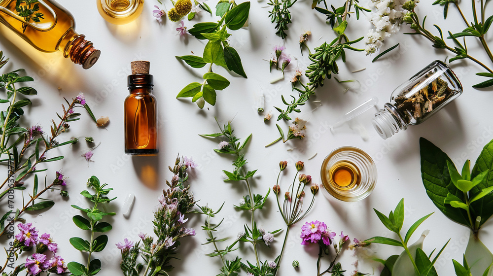 Canvas Prints essential oils and herbs on a white background